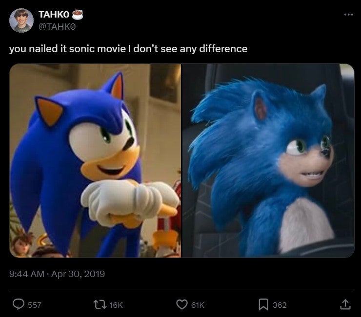 side by side of video game sonic and ugly sonic with caption 'you nailed it sonic movie I don’t see any difference'