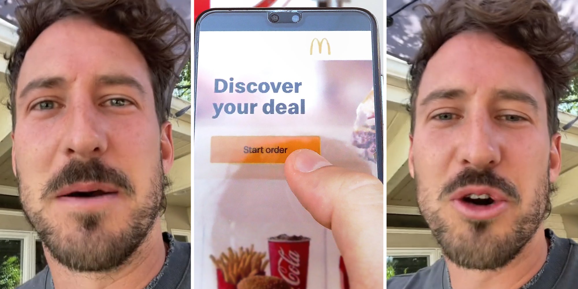 Man talking(l+r), Thumb pressing start order on McDonald's app under 'Discover your deal'(c)