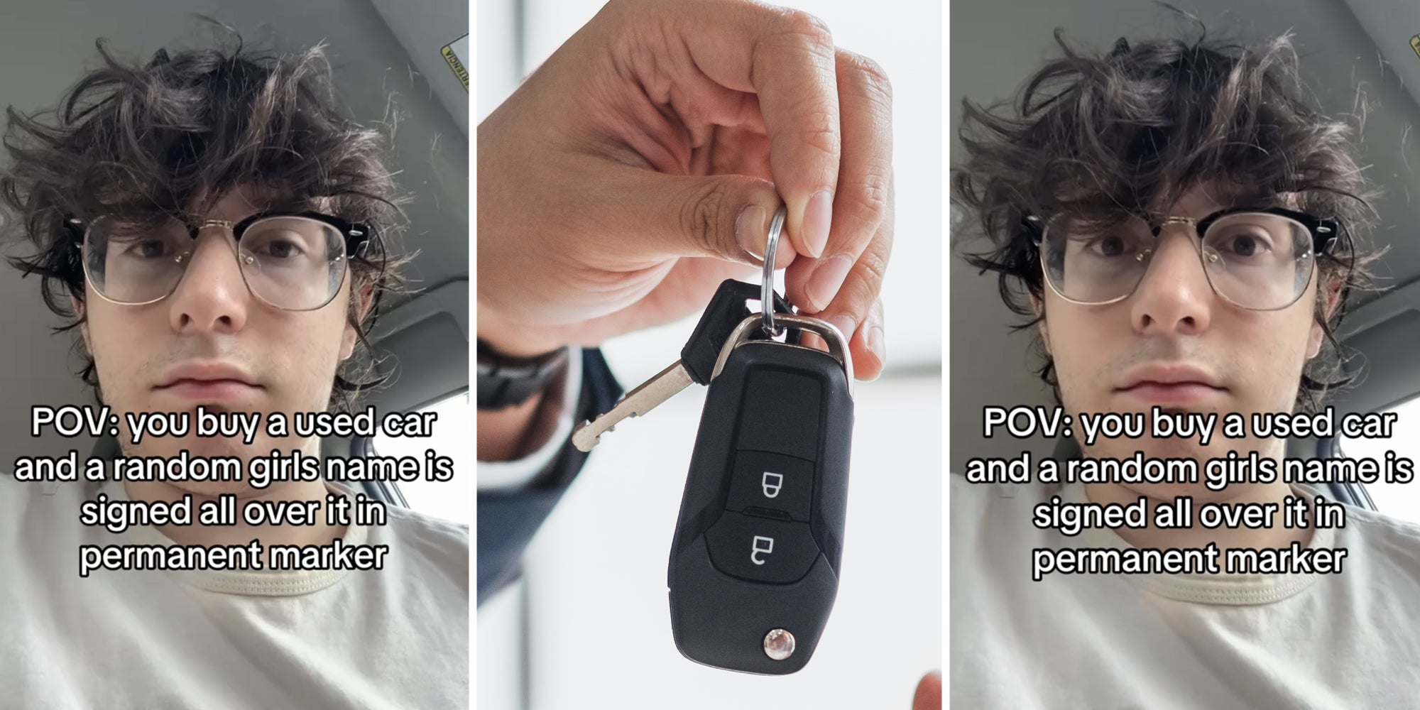 Man looking at camera(l+r), Hand passing keys(c)