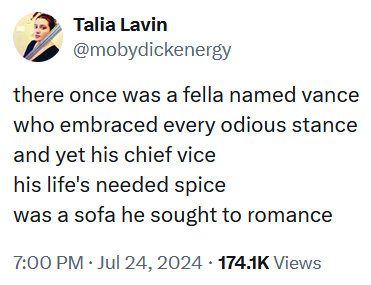 Tweet reading 'there once was a fella named vance who embraced every odious stance and yet his chief vice his life's needed spice was a sofa he sought to romance.'