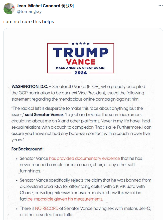 Vance couch meme with a fake Trump/Vance press release.