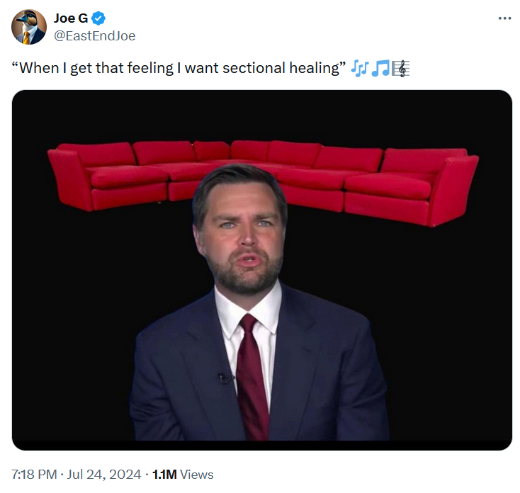 Vance couch meme with JD Vance Photoshopped in front of a large red sectional.