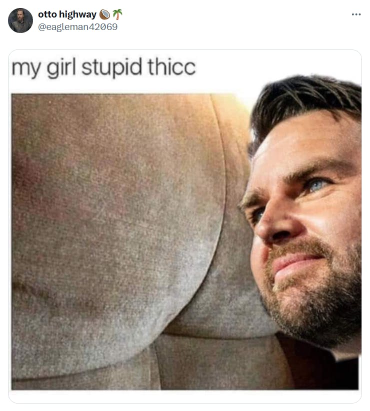 Vance couch meme with a doctored image of JD Vance smiling next to a shapely sofa.