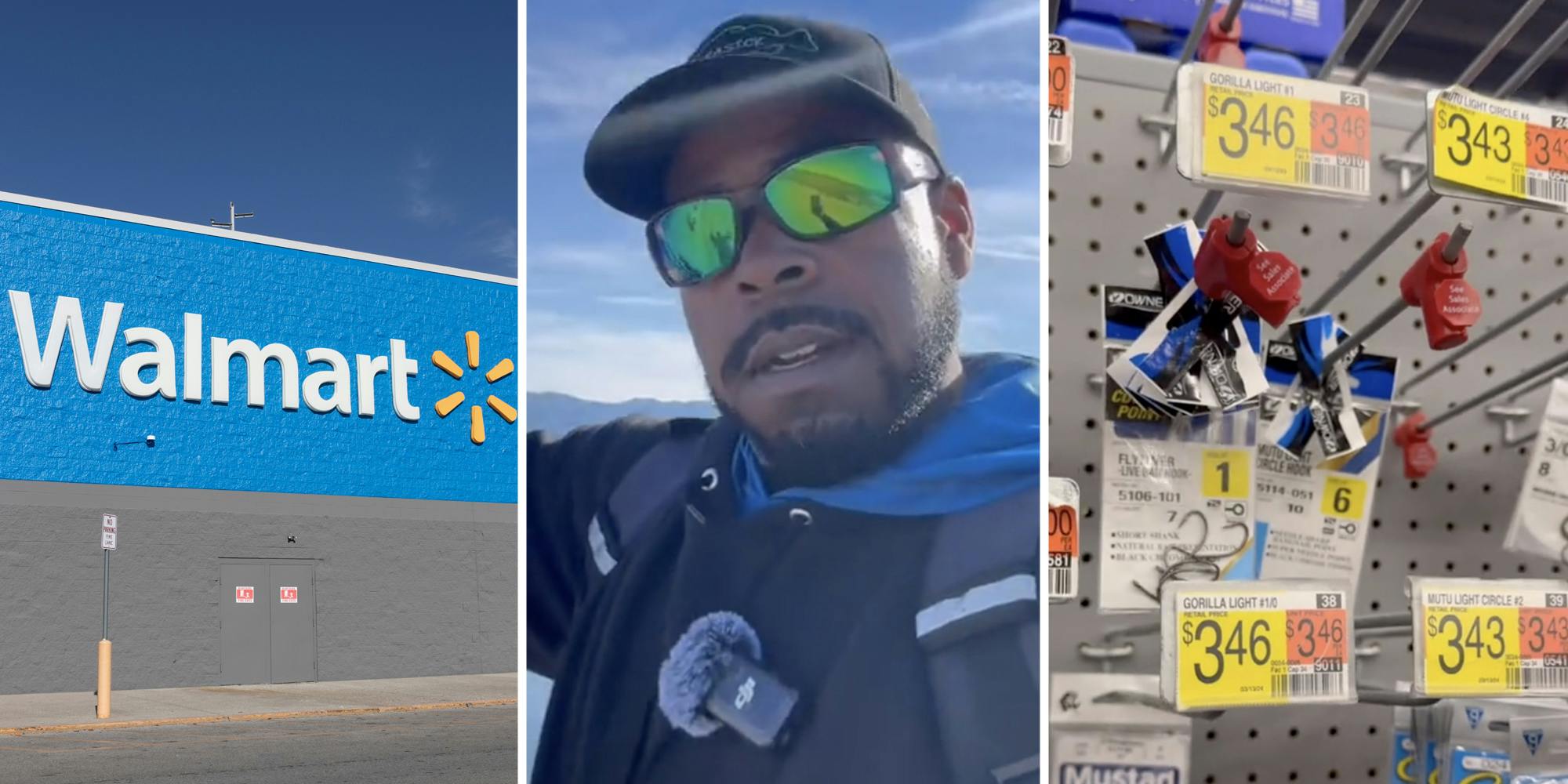 Walmart store(l), Man talking(c), Fishing aisle(r)