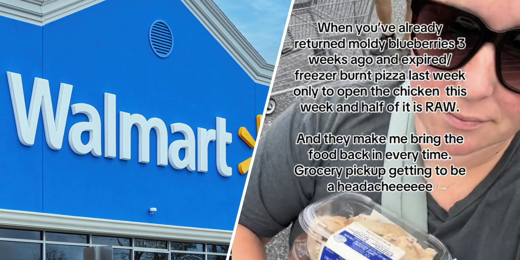 Walmart(l), Woman returning groceries(r)