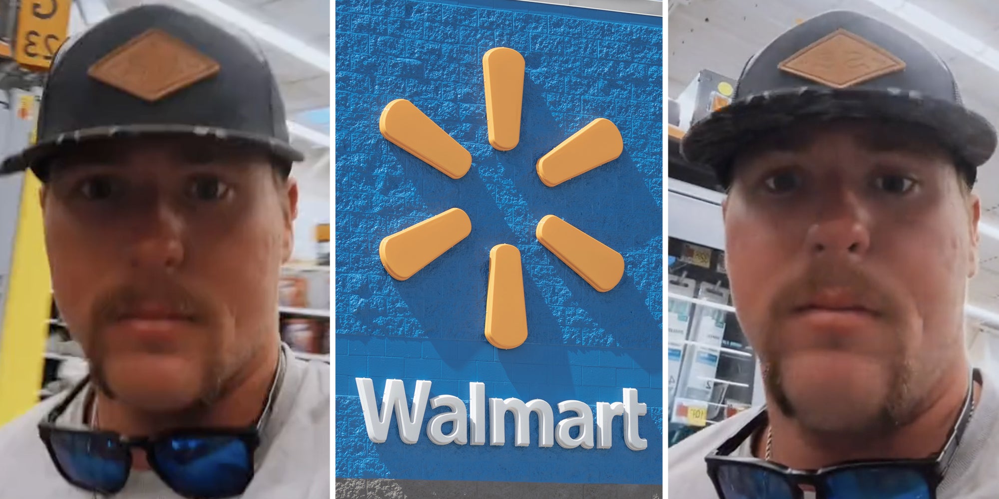 Man looking at camera(l+r), Walmart(c)