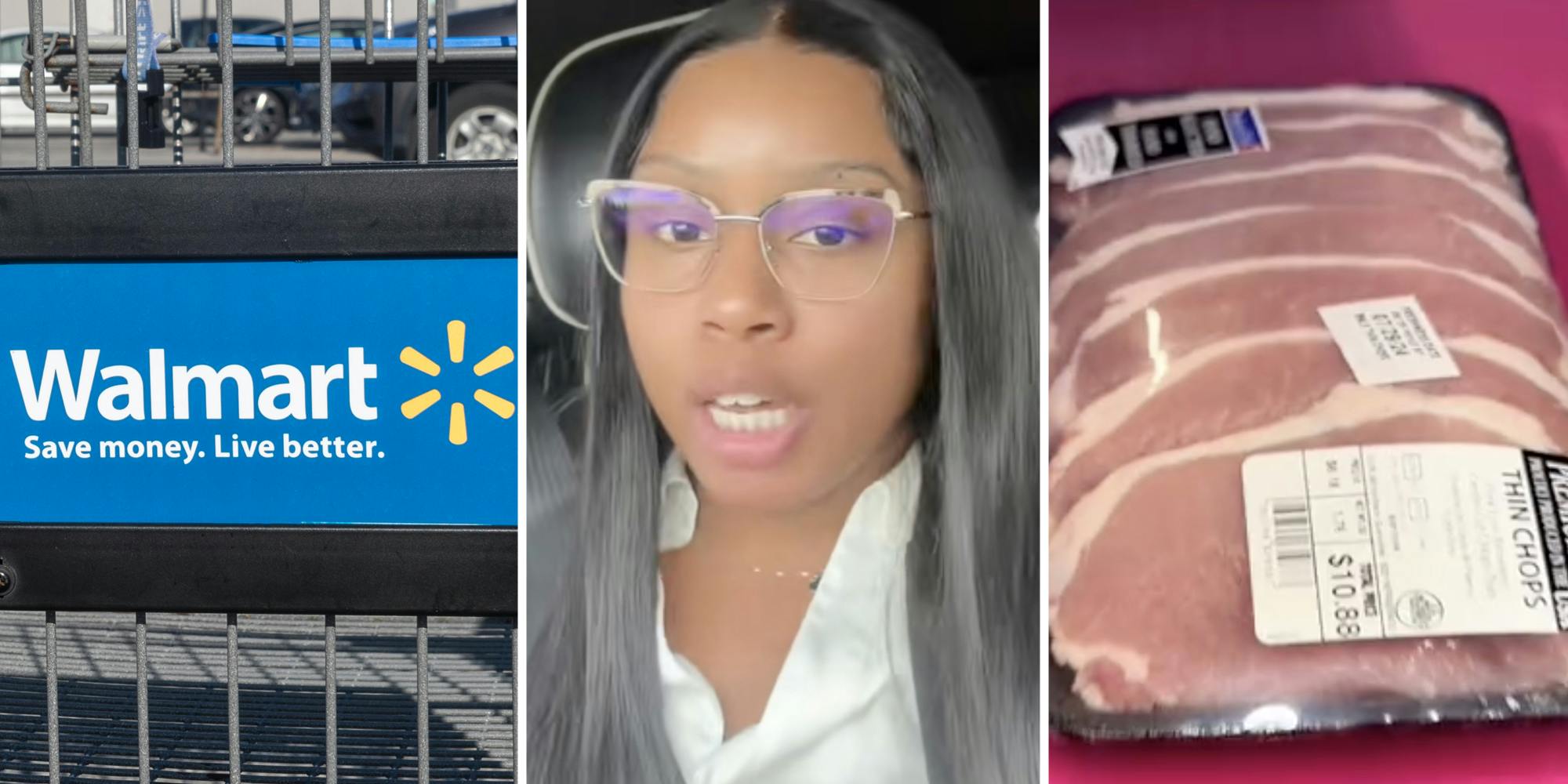 Walmart cart(l), Woman talking(c), Meat in package(r)
