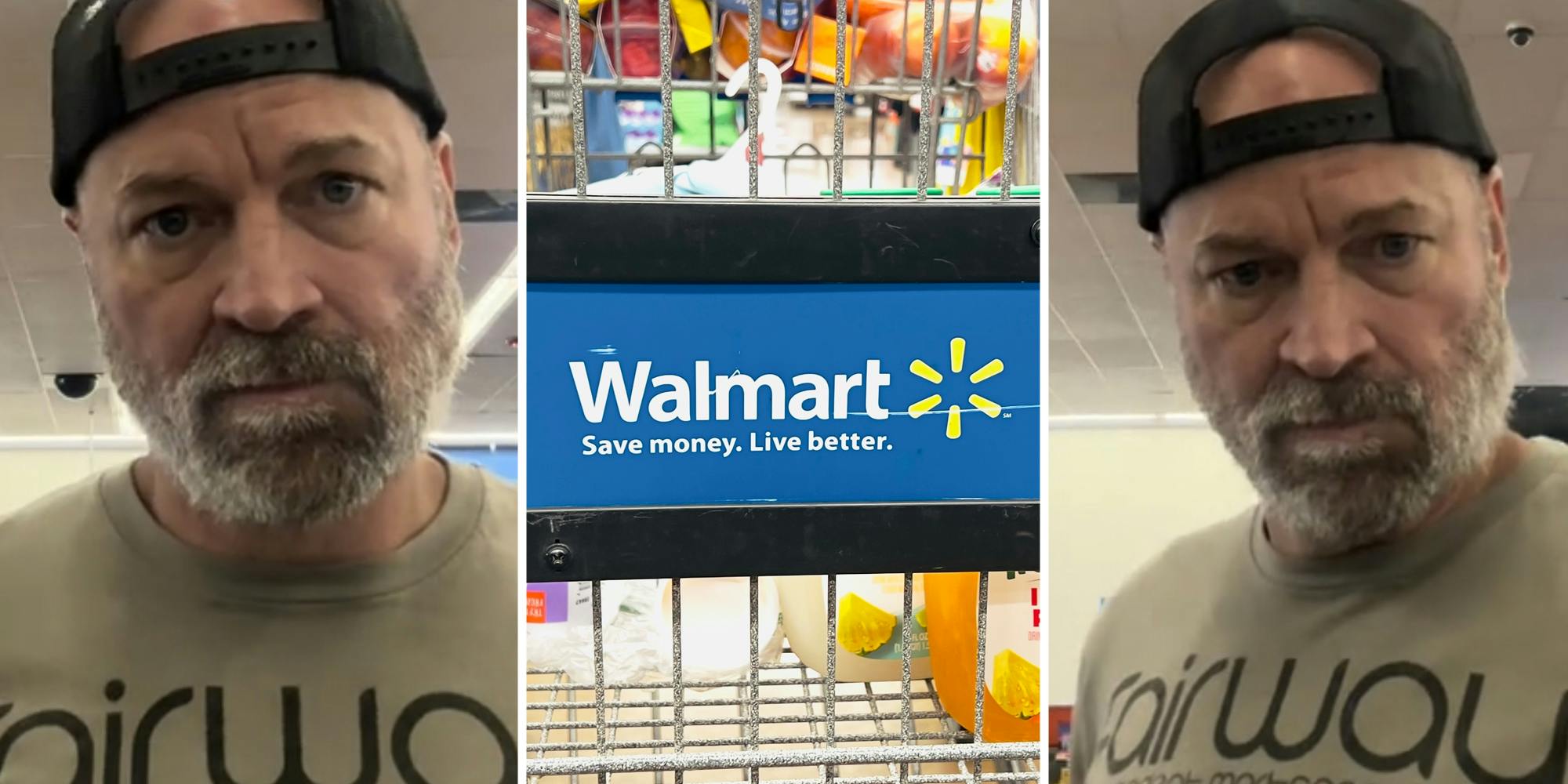 Man looking at camera(l+r), Walmart cart(c)