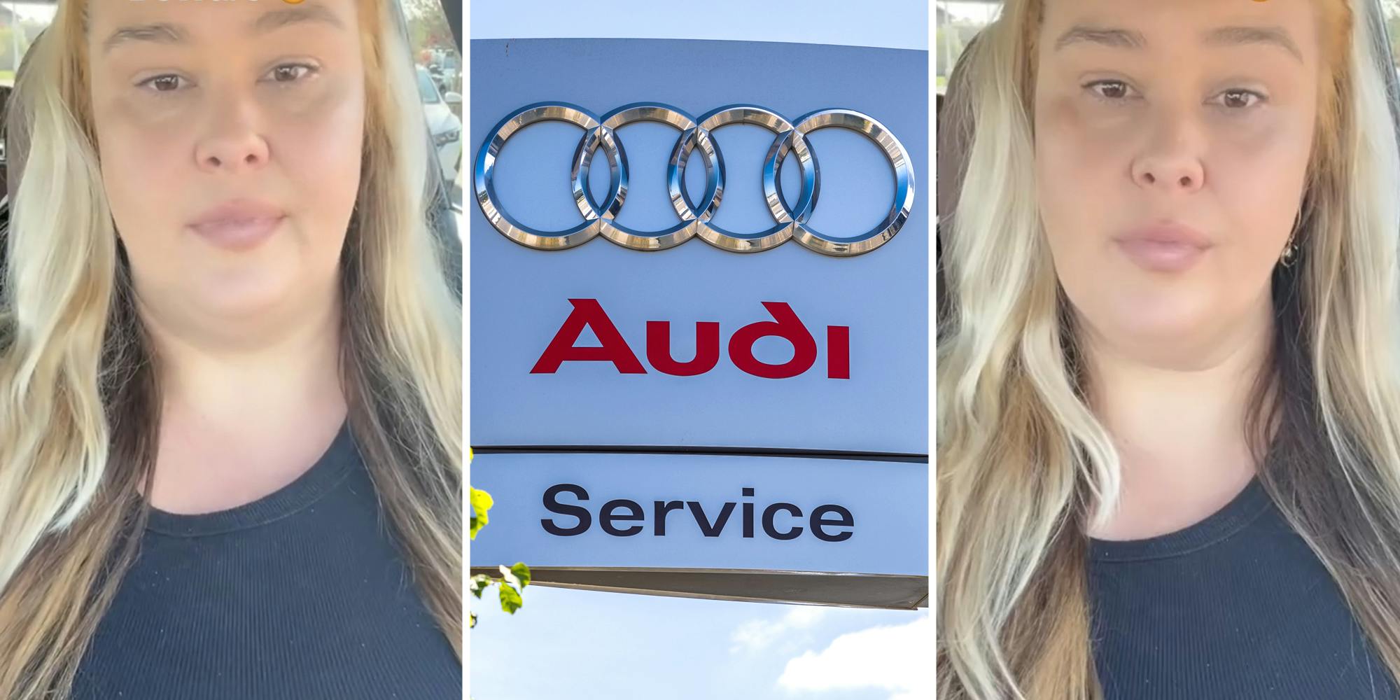 Woman talking(l+r), Audi service sign(c)