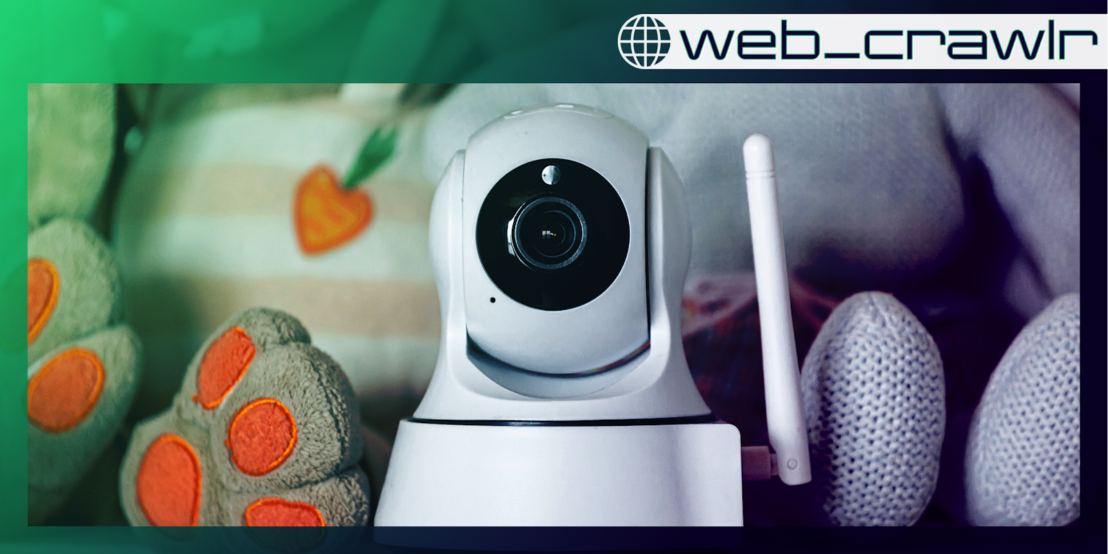 A baby monitor next to stuffed animals. The Daily Dot newsletter web_crawlr logo is in the top right corner.
