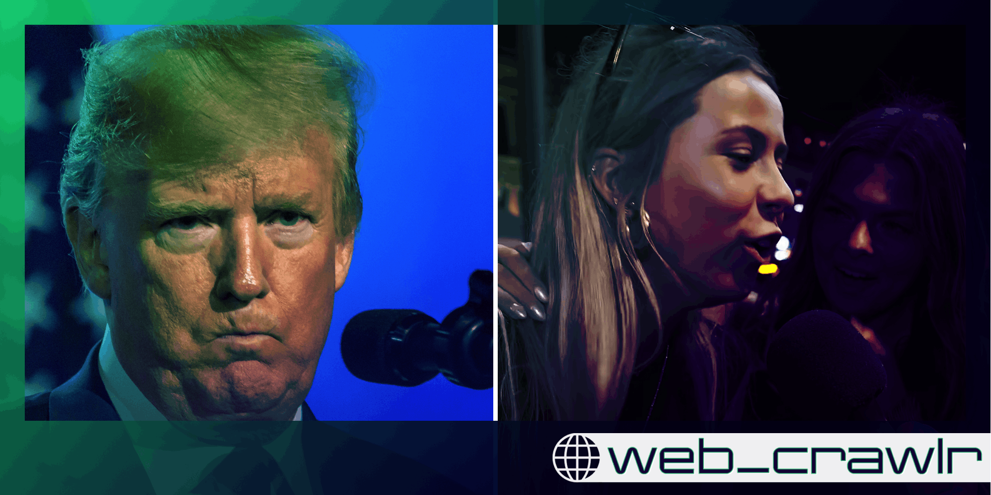 Donald Trump next to the Hawk Tuah girl. The Daily Dot newsletter web_crawlr logo is in the bottom right corner.
