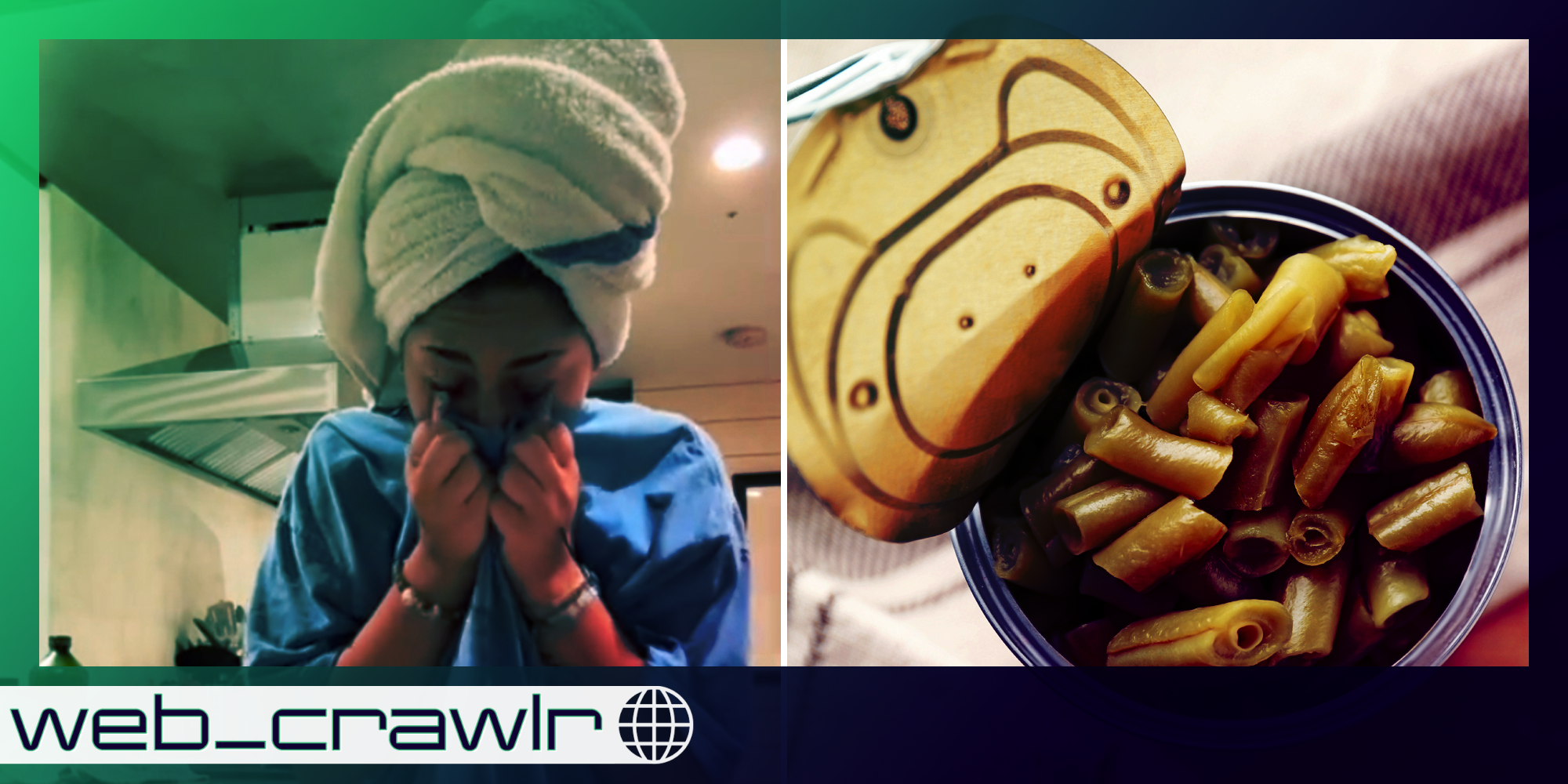 A person looking shocked and covering her mouth next to an open can of green beans. The Daily Dot newsletter web_crawlr logo is in the bottom left corner.