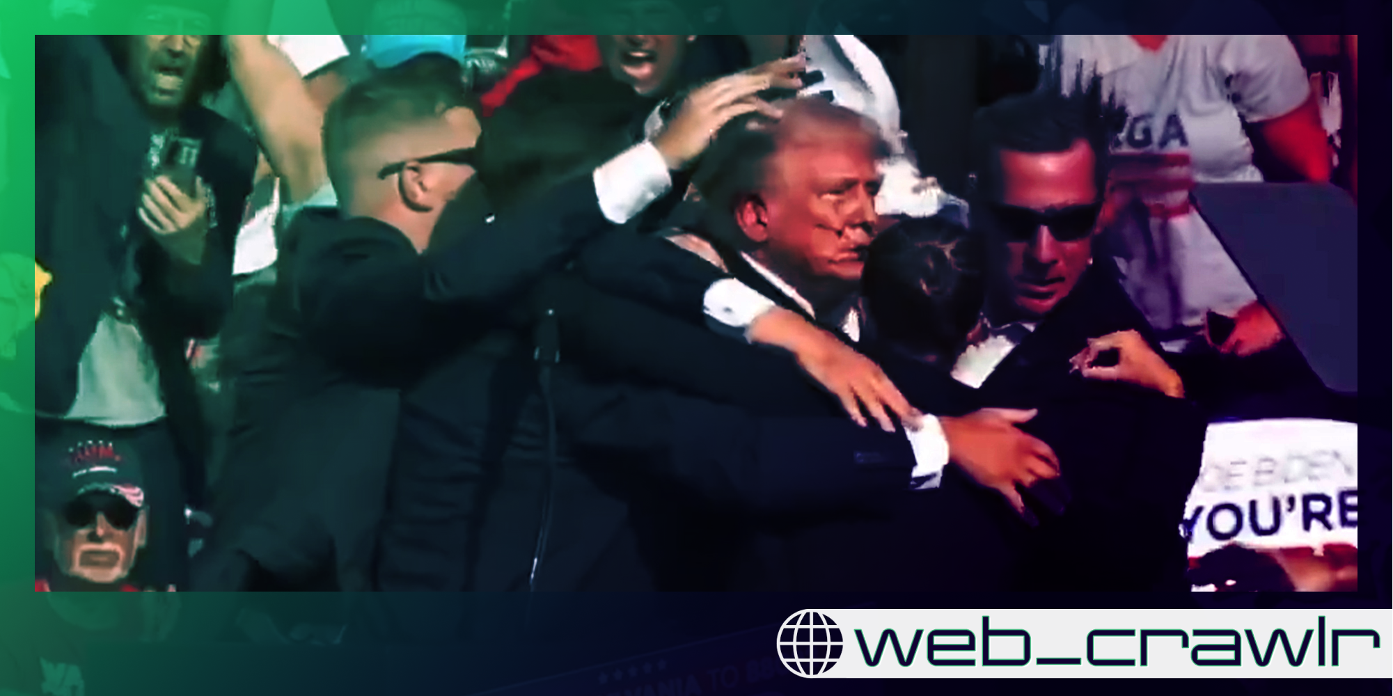Donald Trump bleeding and being moved by Secret Service. The Daily Dot newsletter web_crawlr logo is in the bottom right corner.
