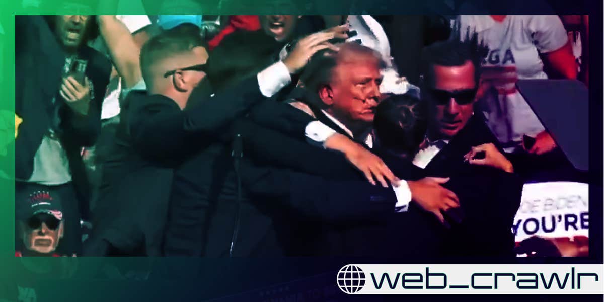 Donald Trump bleeding and being moved by Secret Service. The Daily Dot newsletter web_crawlr logo is in the bottom right corner.