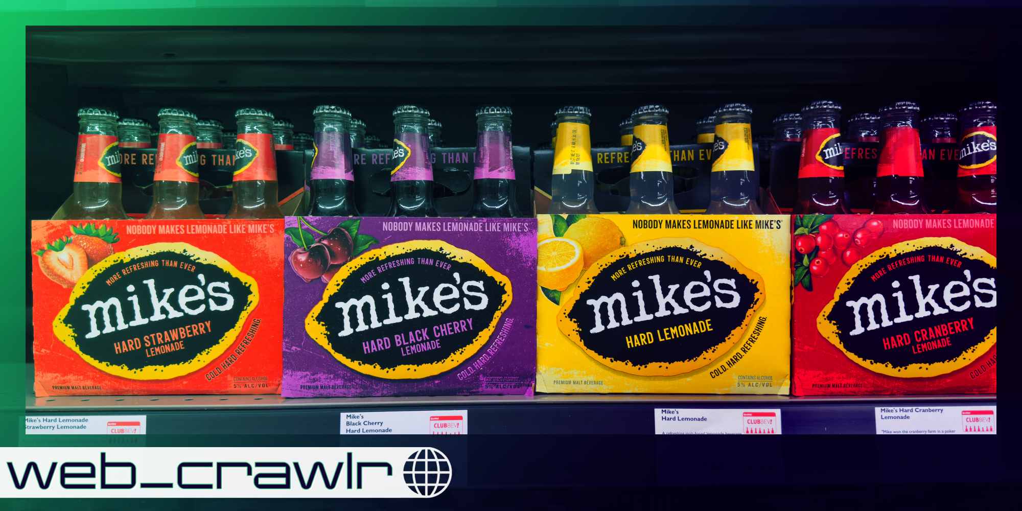 Mike's Hard Lemonade on a shelf. The Daily Dot newsletter web_crawlr logo is in the bottom left corner.