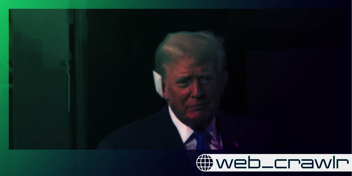 Donald Trump with a bandage over his ear. The Daily Dot newsletter web_crawlr logo is in the bottom right corner.