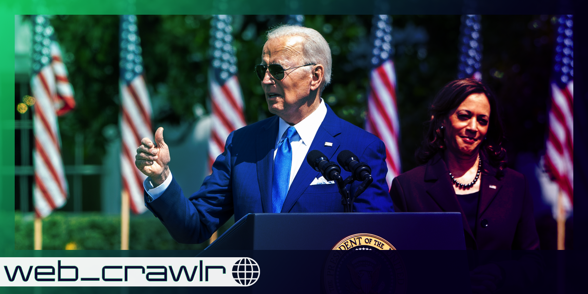 President Joe Biden and Vice President Kamala Harris. The Daily Dot newsletter web_crawlr logo is in the bottom left corner.