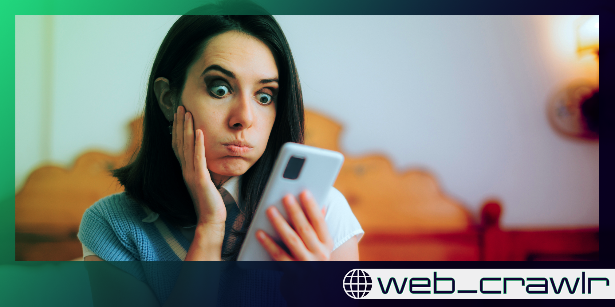 A person looking at their phone with a shocked expression. The Daily Dot newsletter web_crawlr column is in the bottom right corner.