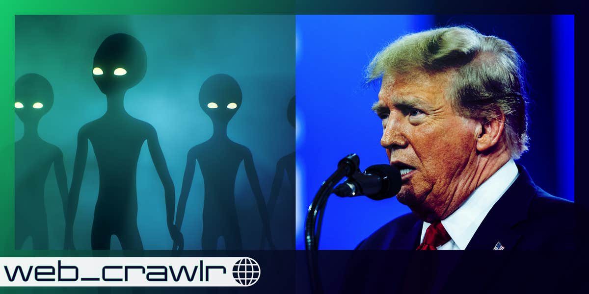 Three aliens next to Donald Trump. The Daily Dot newsletter web_crawlr logo is in the bottom left corner.