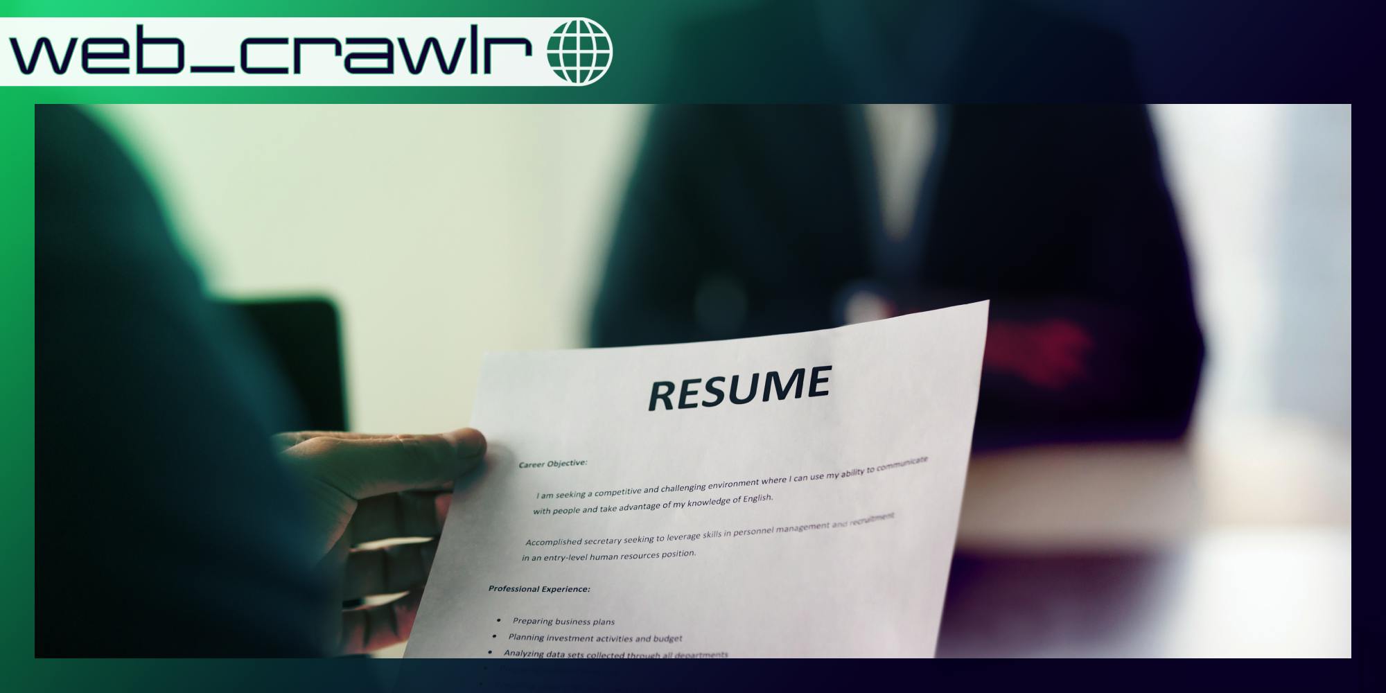 A person in a job interview holding a resume. The Daily Dot newsletter web_crawlr logo is in the top left corner.