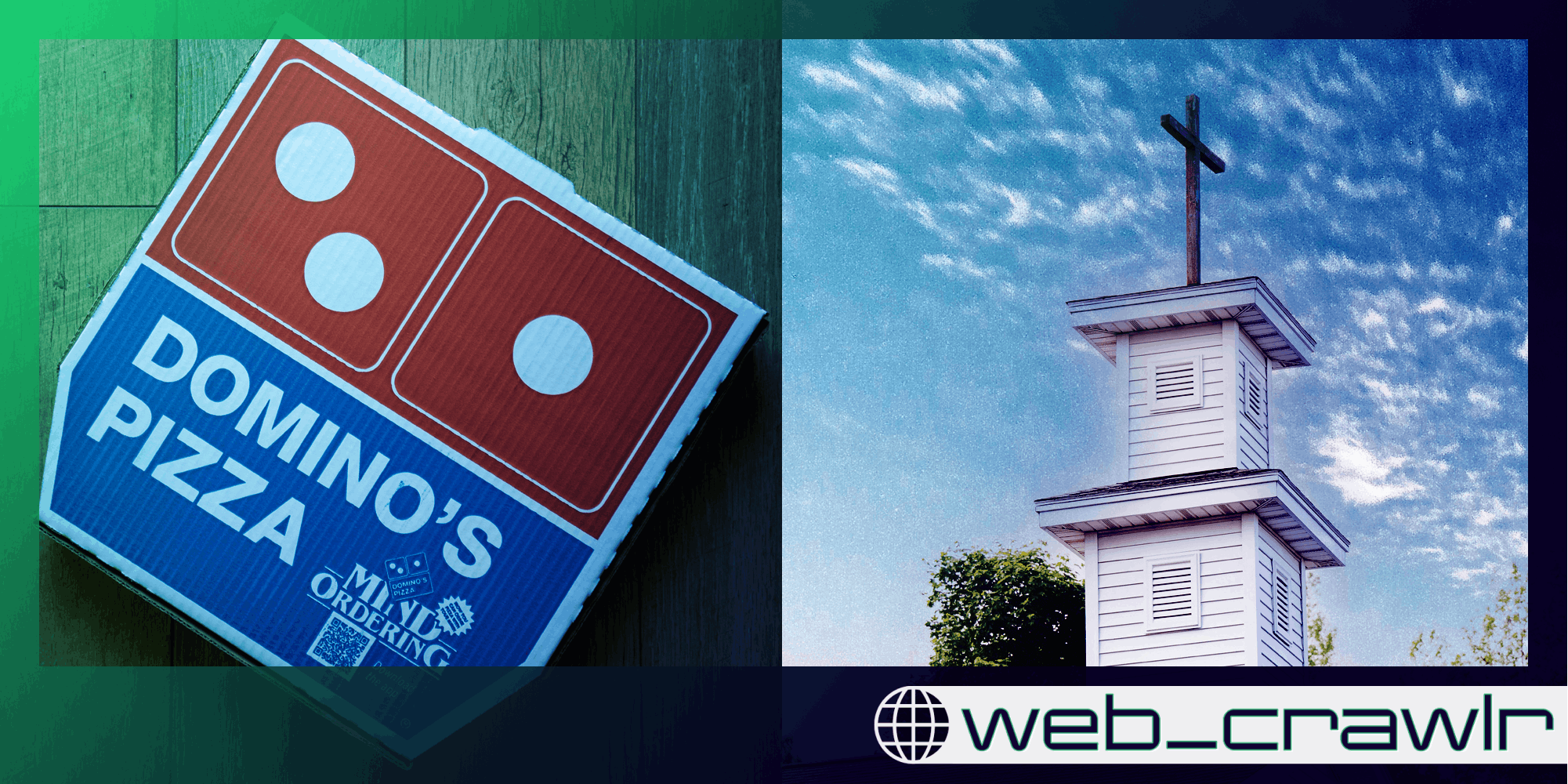 A box of Domino's Pizza next to a church. The Daily Dot newsletter web_crawlr logo is in the bottom right corner.