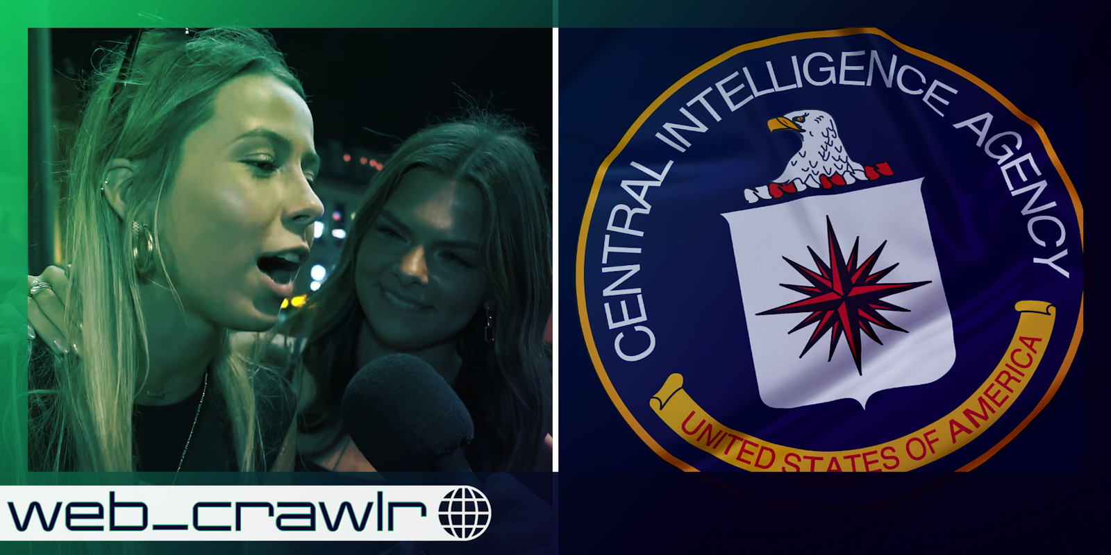 The Hawk Tuah girl meme next to a CIA insignia. The Daily Dot newsletter web_crawlr logo is in the bottom left corner.