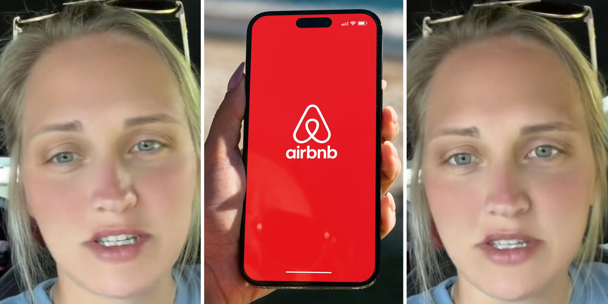 Woman talking(l+r), Hand holding phone with airbnb app(c)