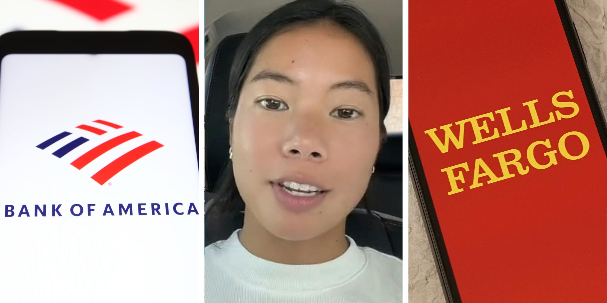 Bank of American App(l), Woman talking(c), Wells Fargo app(r)