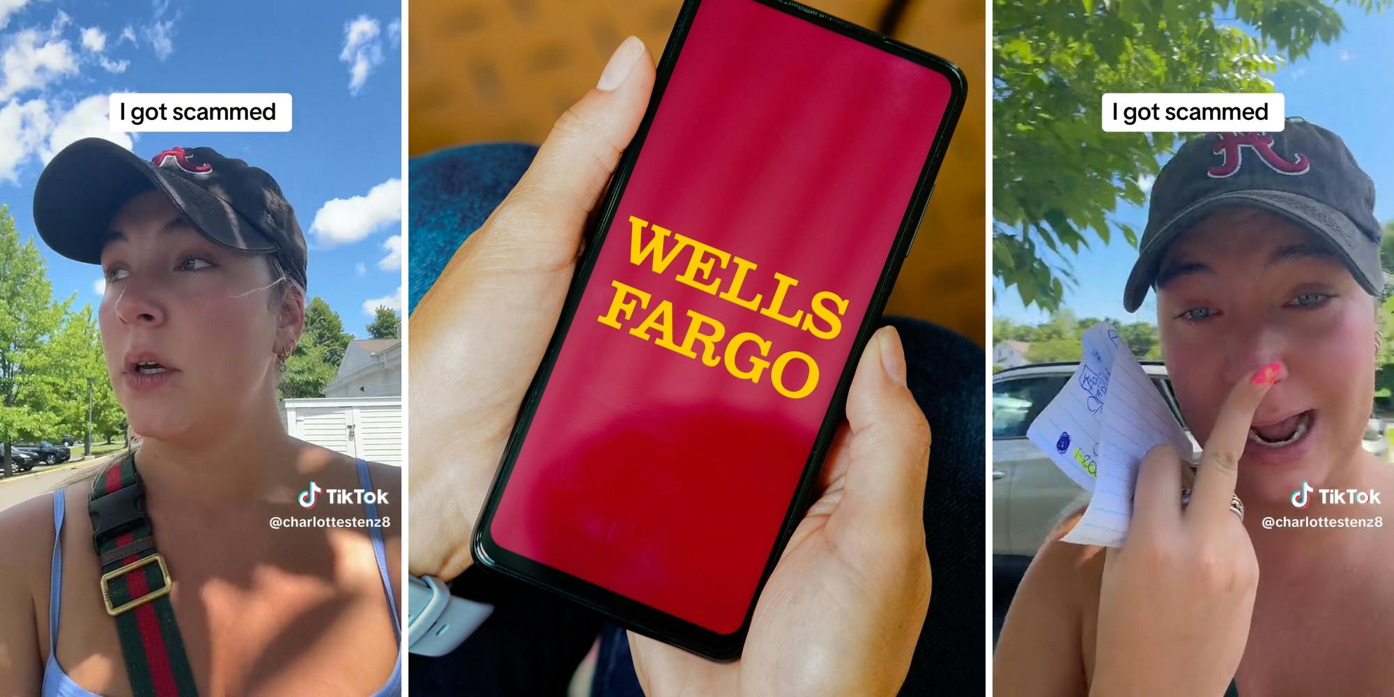 young woman with caption "I got scammed" (l&r) young woman holding phone with Wells Fargo logo (c)