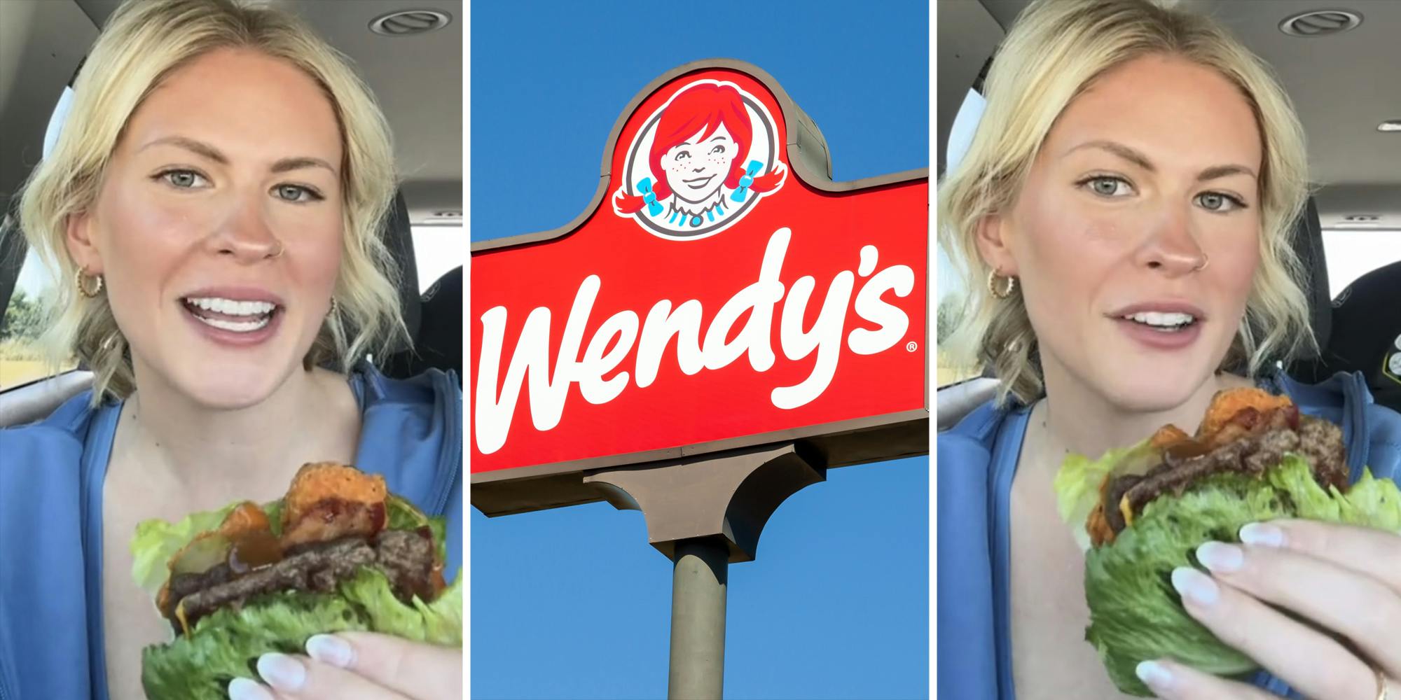 Woman talking with food in her hand(l+r), Wendy's sign(c)