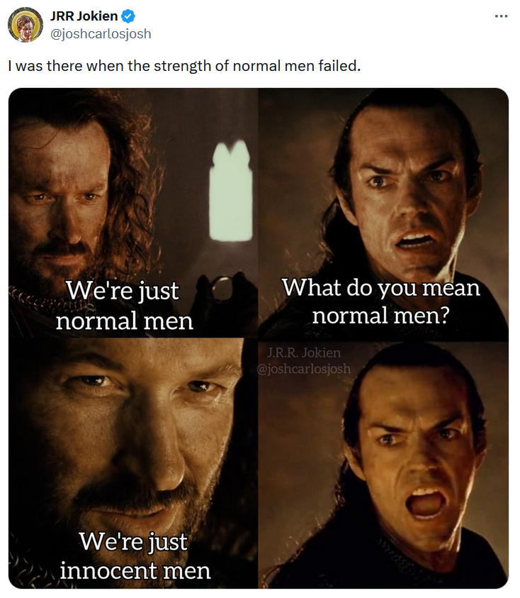 We're just normal men meme with a scene from Lord of the Rings.