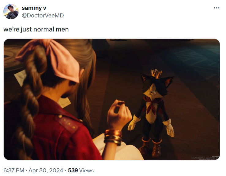 We're just normal men meme with a screenshot from Final Fantasy VII: Rebirth.