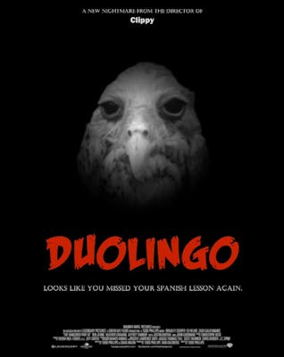 wet owl photoshopped onto a horror movie-style poster about duolingo