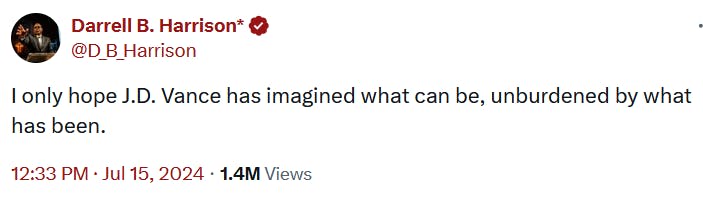 Tweet reading 'I only hope J.D. Vance has imagined what can be, unburdened by what has been.'