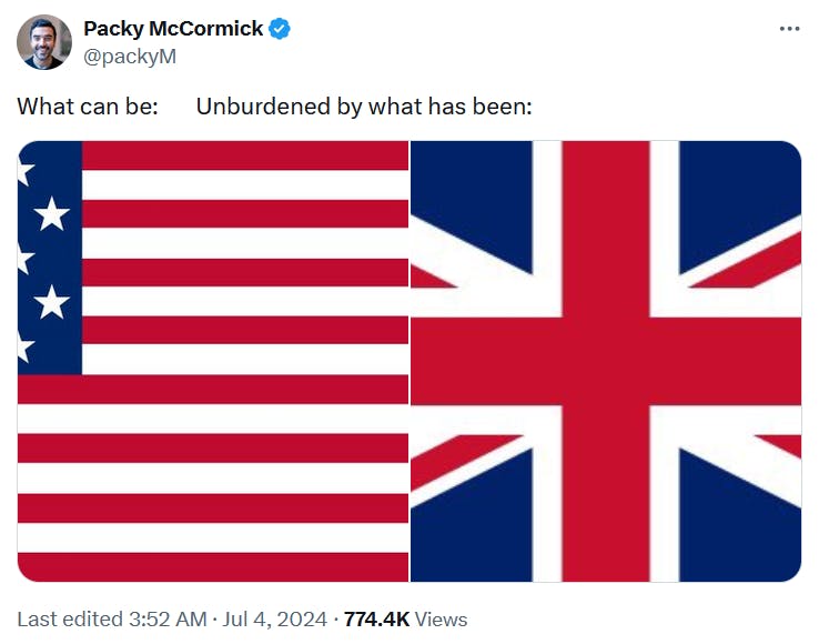 'What can be, unburdened by what has been' meme with the U.S. and U.K. flags.