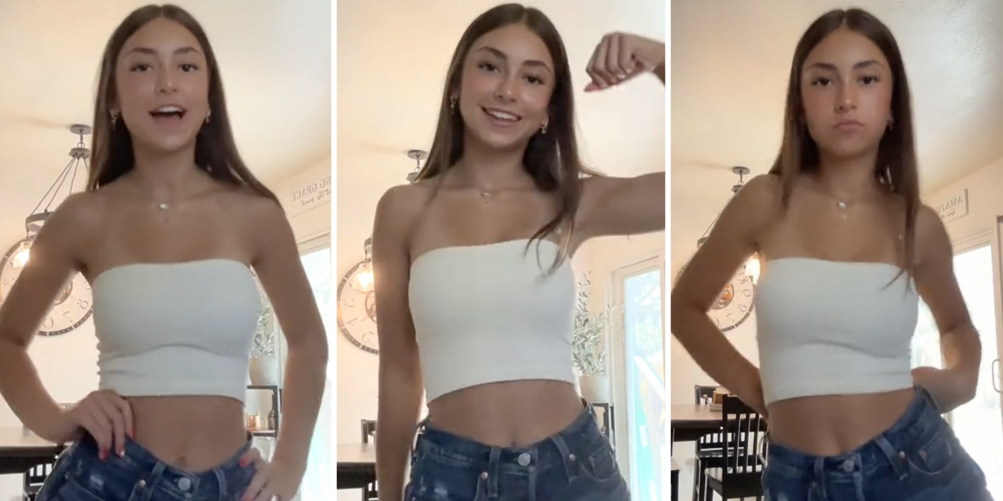 Girl in White tube top dancing (three split)