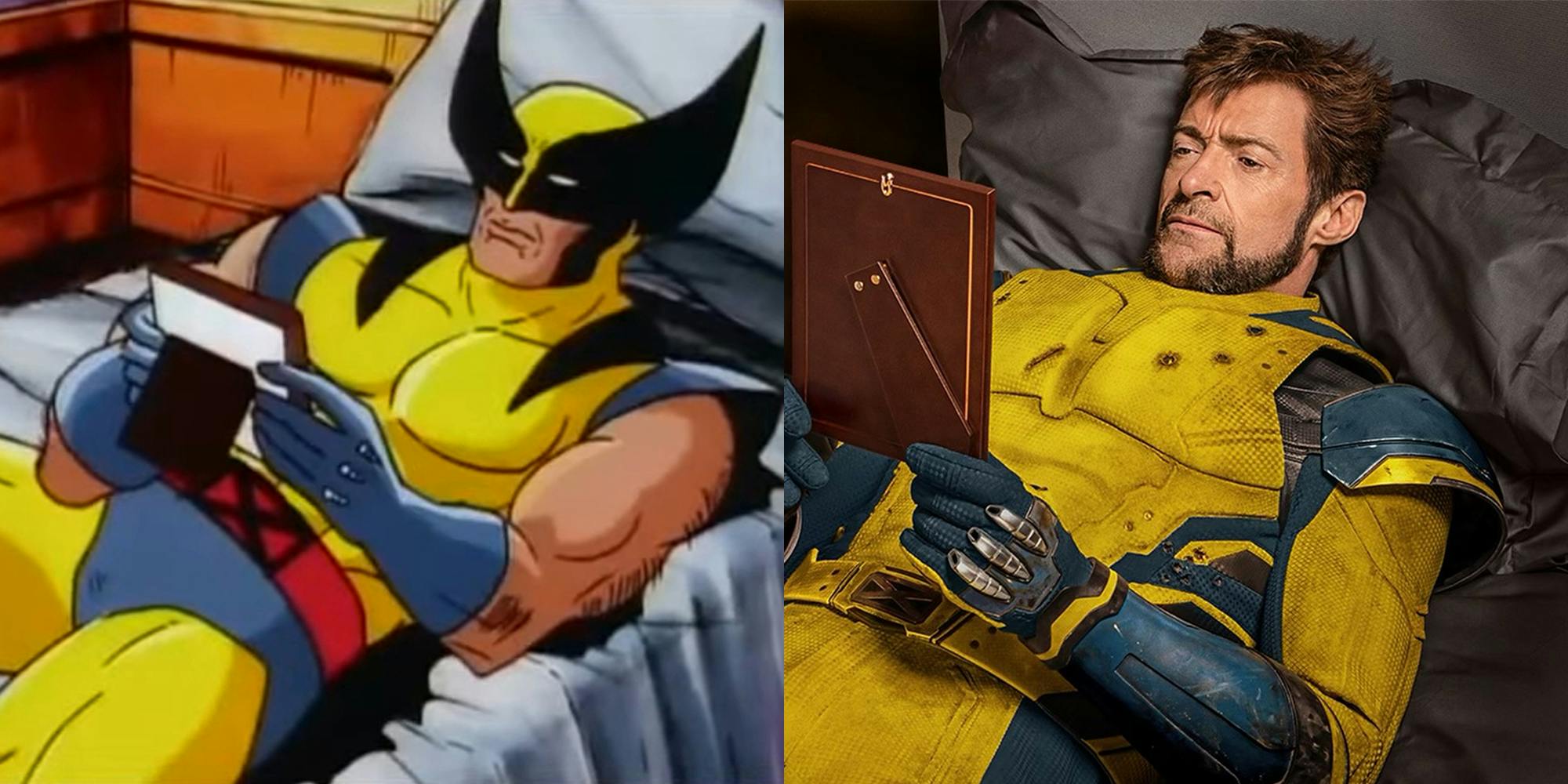 wolverine looking at a photo, X-Men the animated series (l) Hugh Jackman as Wolverine looking at a photo (r)