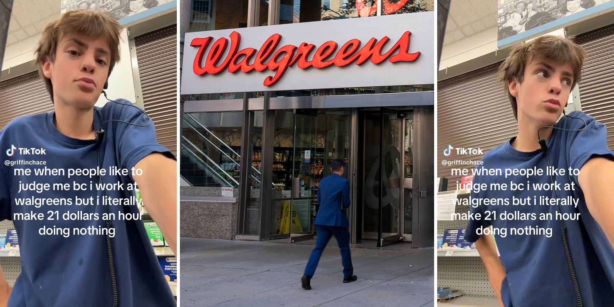 young man with caption 'me when people like to judge me bc i work at walgreens but i literally make 21 dollars an hour doing nothing' (l&r) walgreens entrance (c)