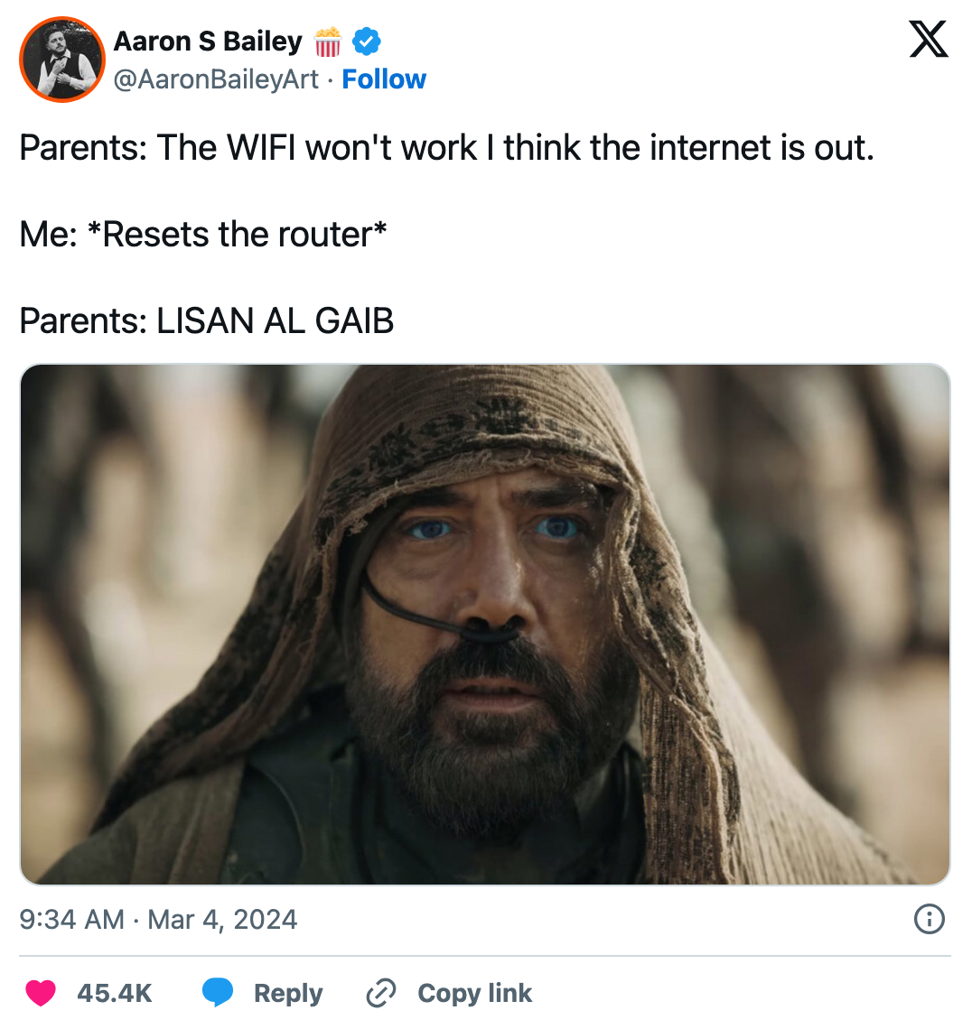 Lisan al-Gaib WIFI router reset meme by @AaronBaileyArt