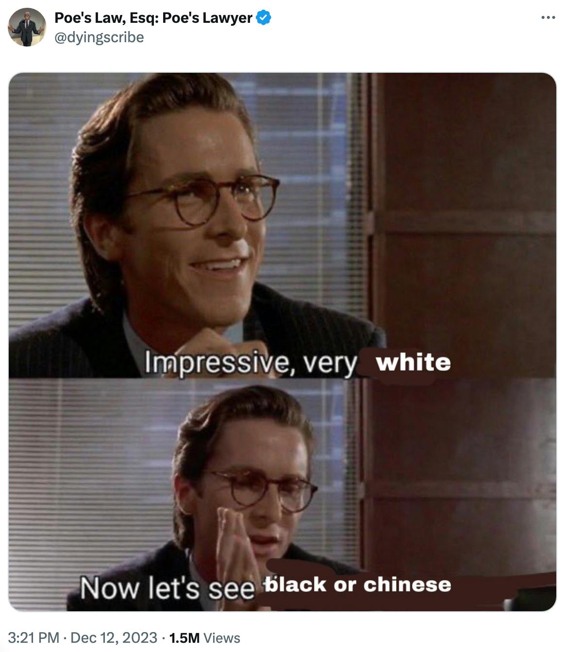 black or chinese meme based on American Psycho business card meme