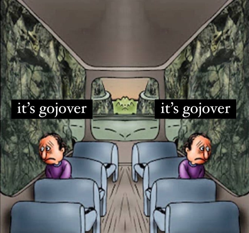 Gojo death bus meme posted on X by @zuraswife