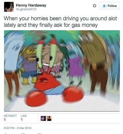 Confused Mr. Krabs gas money meme by @LightsOutKTA