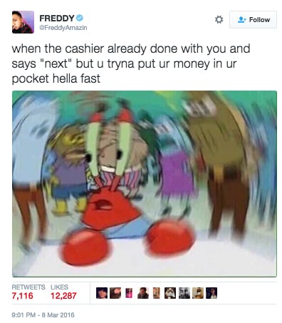 Confused Mr. Krabs cashier meme by @FreddyAmazin