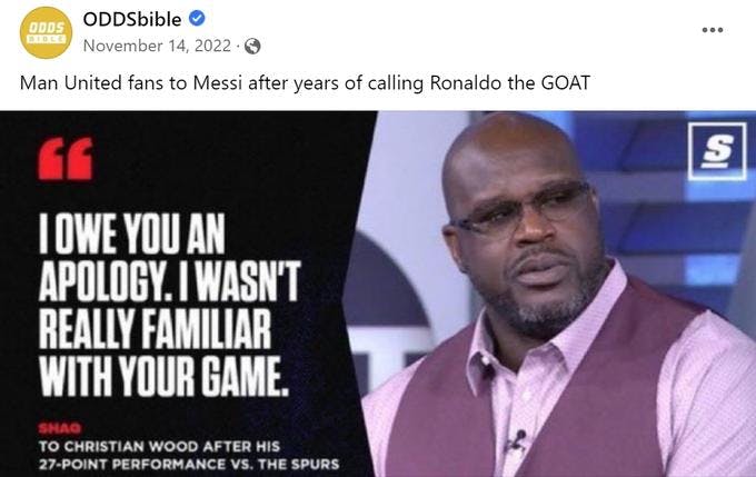 I wasn't familiar with your game shaq meme about Man United and Messi via ODDSbible