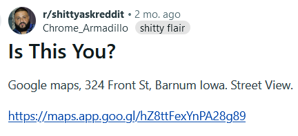 324 Front St Barnum Iowa meme asking 'is this you?'