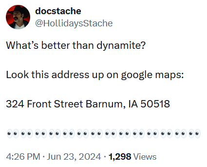 324 Front St Barnum Iowa meme telling people to look up the address.