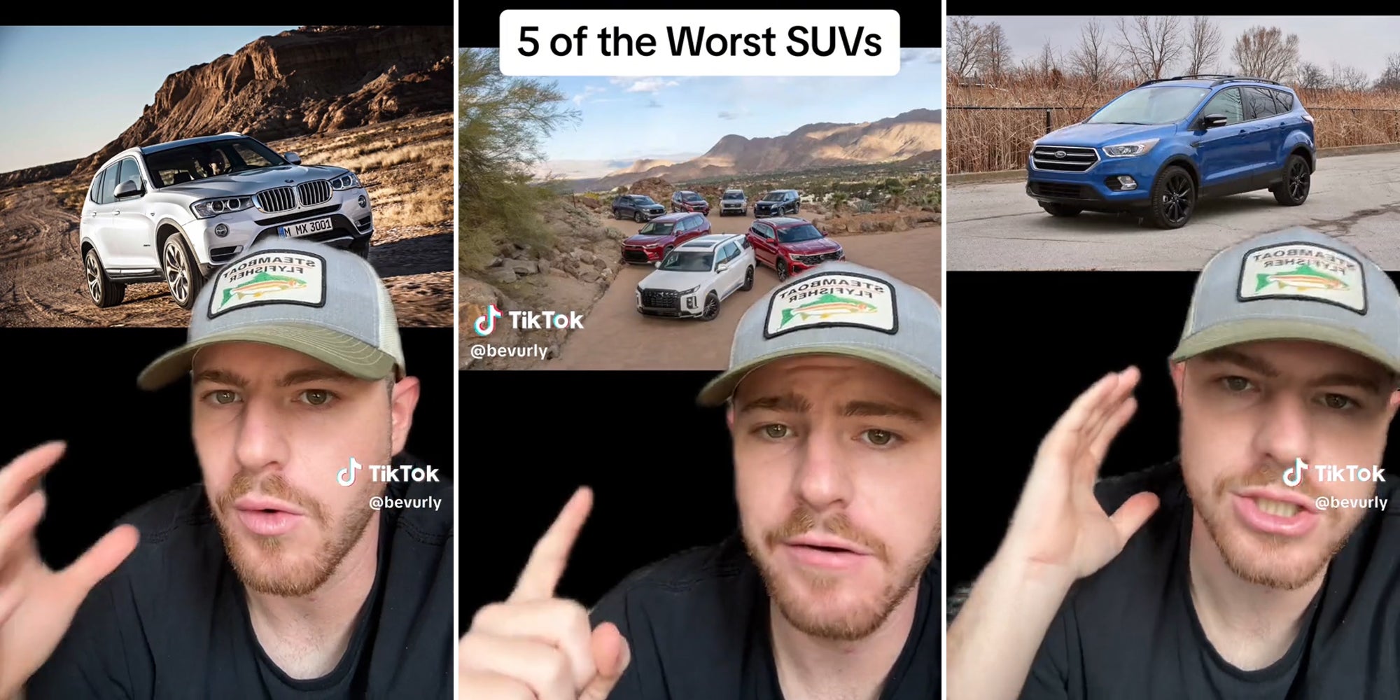 man pointing to suv's with caption '5 of the Worst SUVs'