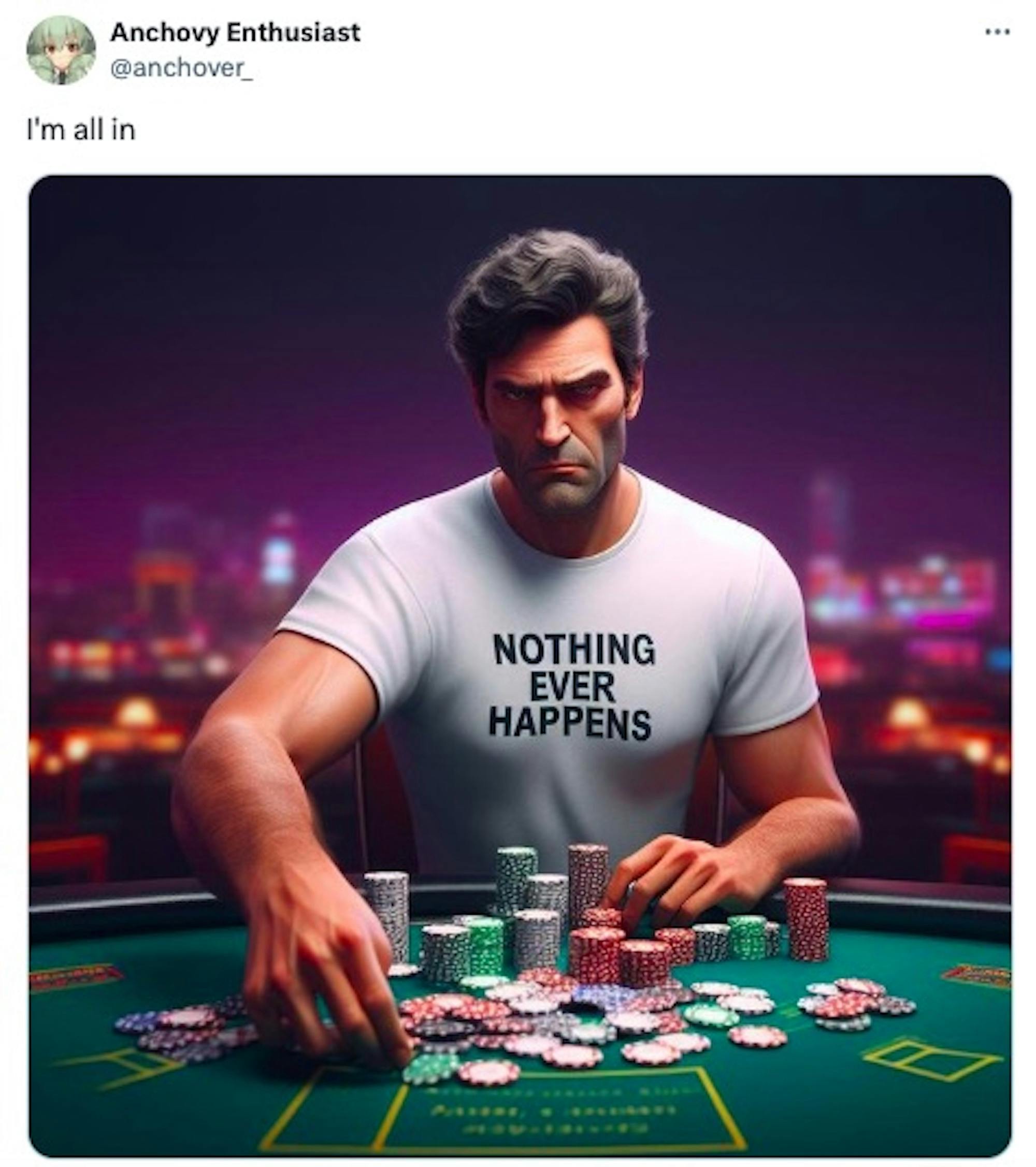 All in nothing ever happens meme with AI casino player