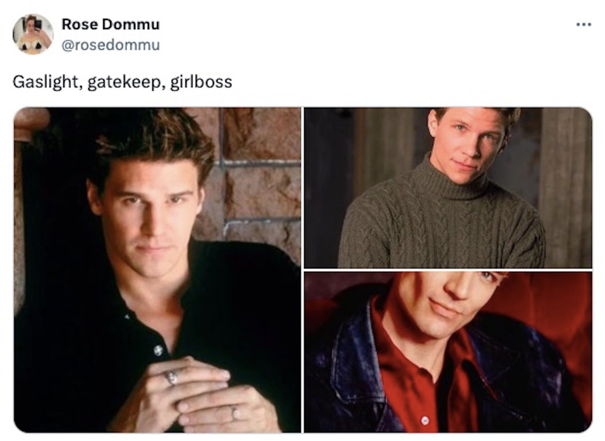 Gaslight, gatekeep, girlboss meme with Buffy's boyfriends