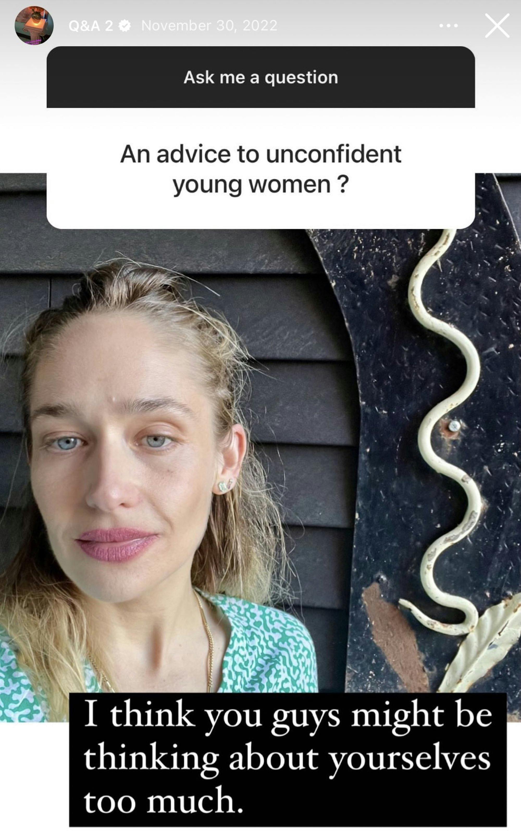 Jemima Kirke Q&A question about confidence and her reply 'I think you guys might be thinking about yourselves too much.'